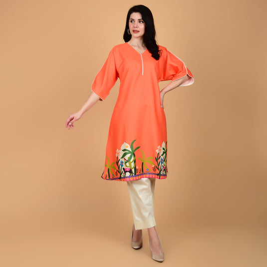 Honeylane's Orange Oasis Kurta with free pair of coordinating trousers