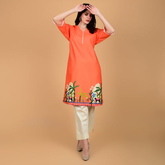 Honeylane's Orange Oasis Kurta with free pair of coordinating trousers