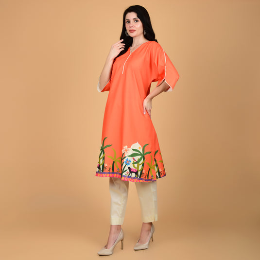 Honeylane's Orange Oasis Kurta with free pair of coordinating trousers